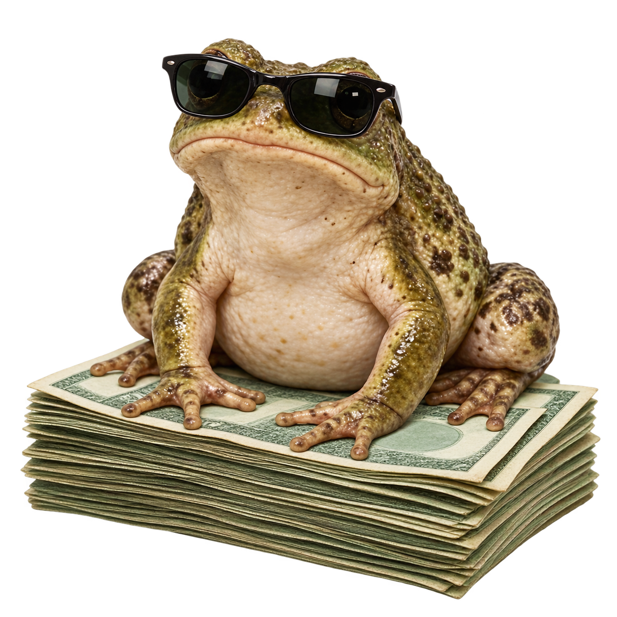 CashFrog wearing sunglasses on a small pile of money
